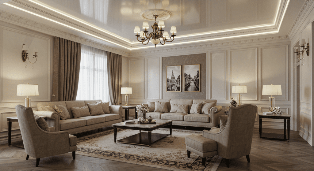 Натяжной потолок в гостиной Караганда AVADA — панорамные окна