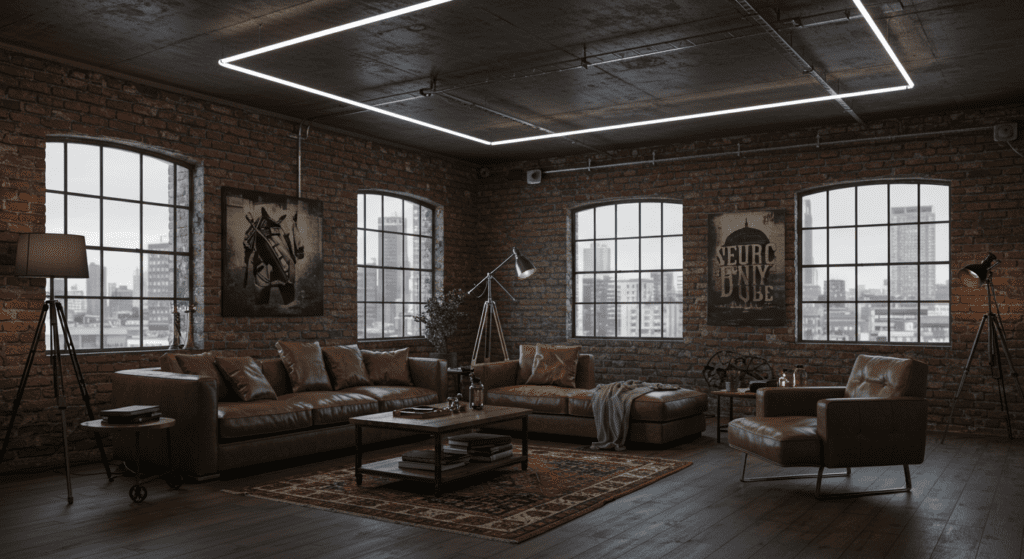 Натяжной потолок в гостиной Караганда AVADA — акцент на потолочное освещение