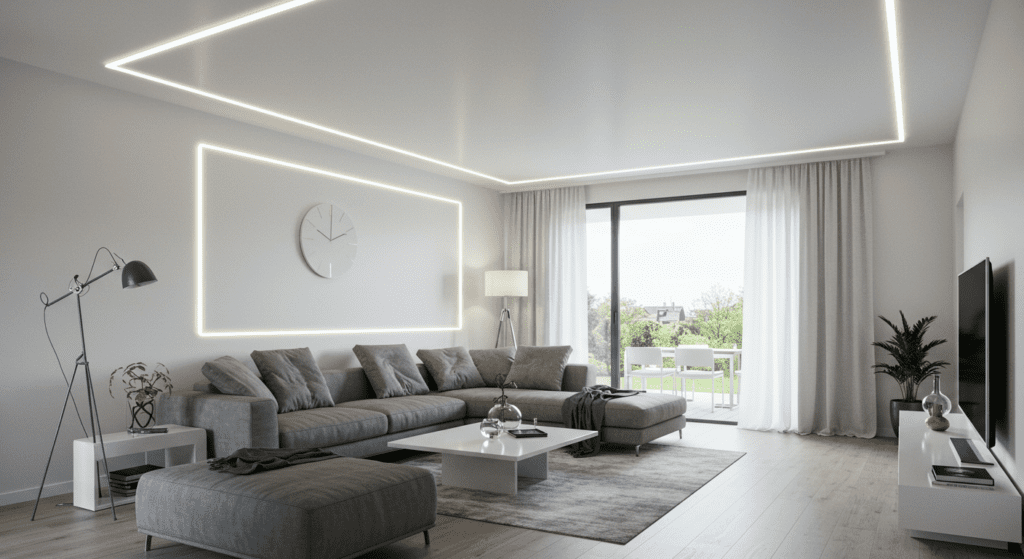 Натяжной потолок в гостиной Караганда AVADA — комбинированная подсветка