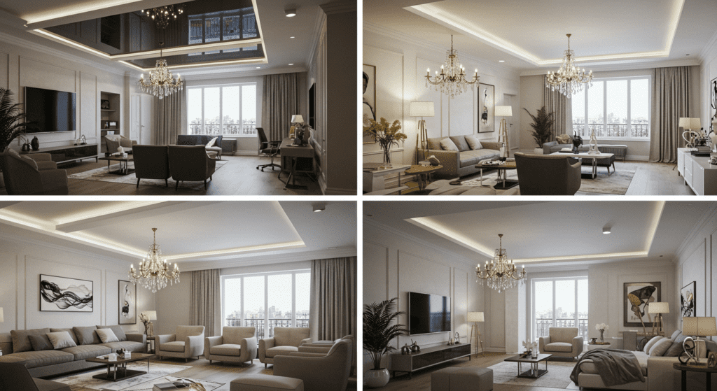 Студия с натяжным потолком из сатина, встроенными симметричными софитами и люстрой