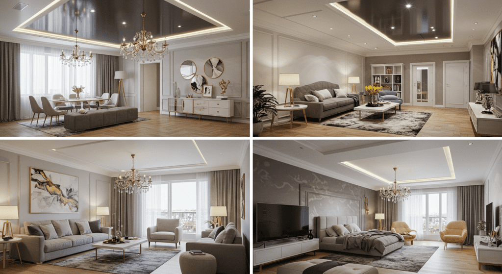 Сатиновый потолок с двумя ярусами и аккуратной сеткой софитов