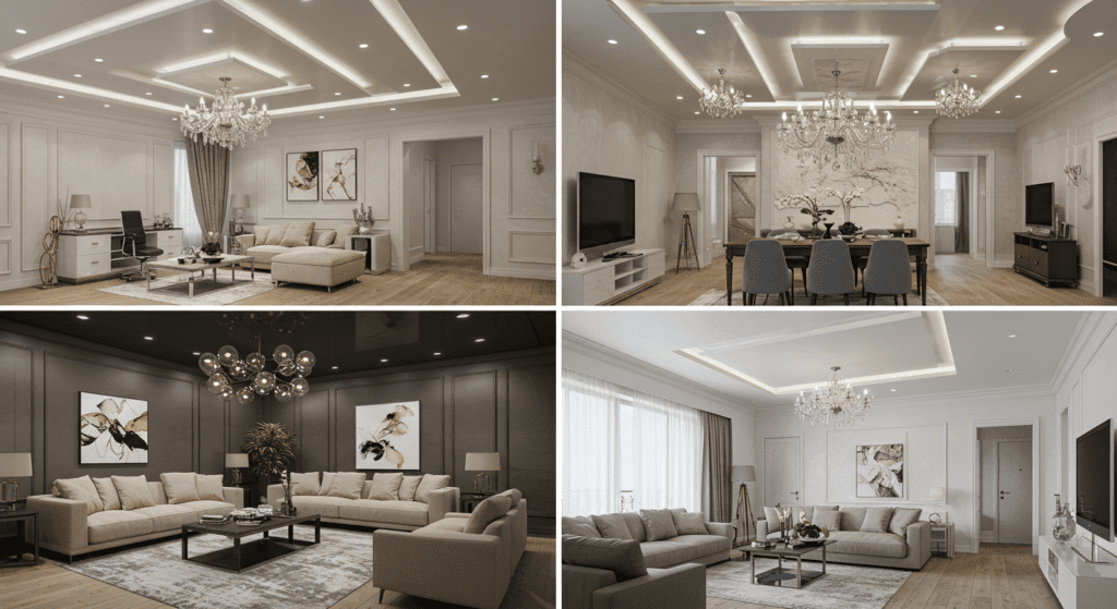 Двухуровневый матовый потолок с симметричными софитами в гостиной