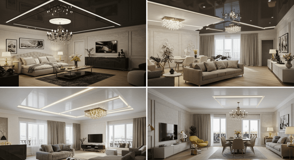 Матовый двухуровневый потолок с центральной люстрой и встроенными точечными светильниками