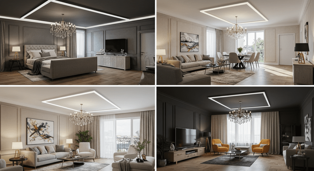 Профессионально установленный потолок с идеальной симметрией светильников