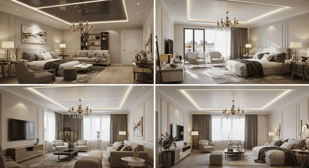 Реалистичный двухуровневый потолок в скандинавском стиле с люстрой