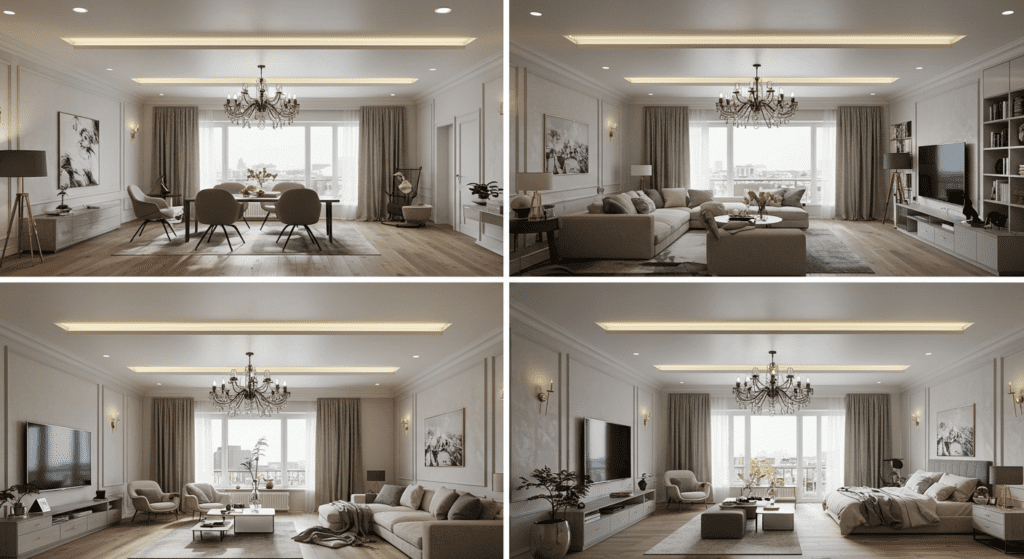 Двухуровневый потолок с равномерно установленными софитами в спальне