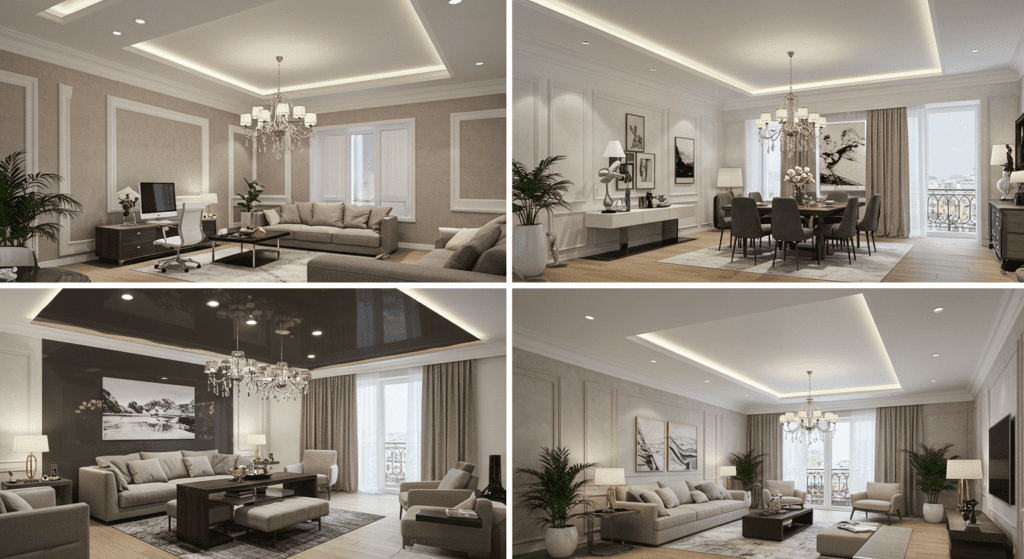 Сатиновый двухуровневый потолок и классическая люстра в современном офисе