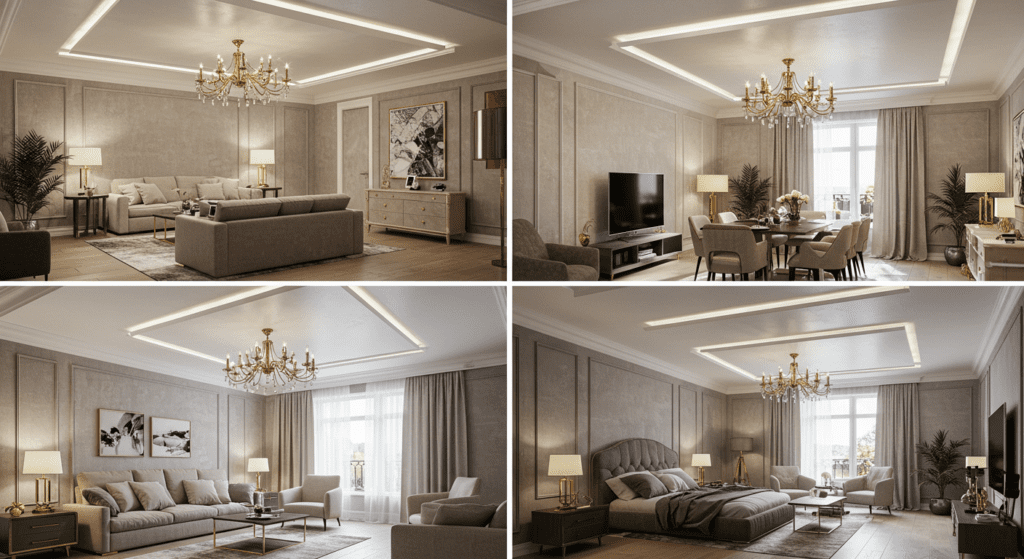 Жилое помещение с двухуровневым потолком и гармонично расположенными светильниками