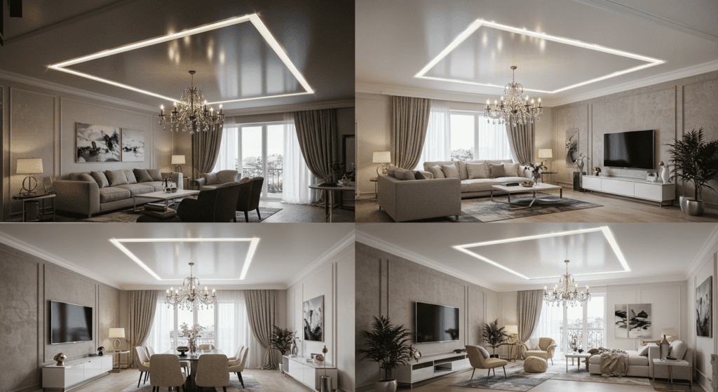 Двухуровневый потолок в минималистичном интерьере с профессиональной установкой освещения