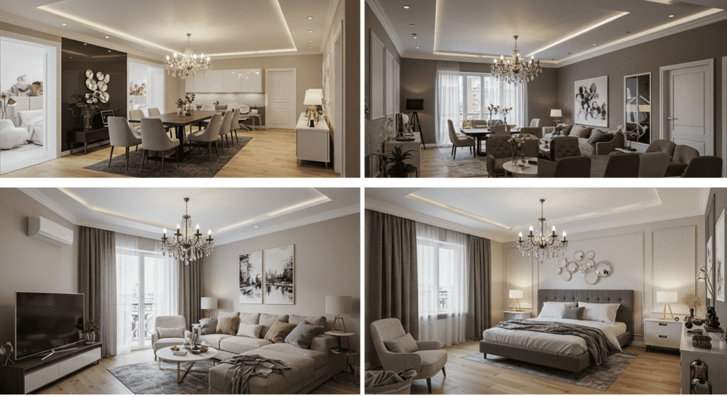 Просторная комната с двухуровневым натяжным потолком и параллельно размещёнными софитами