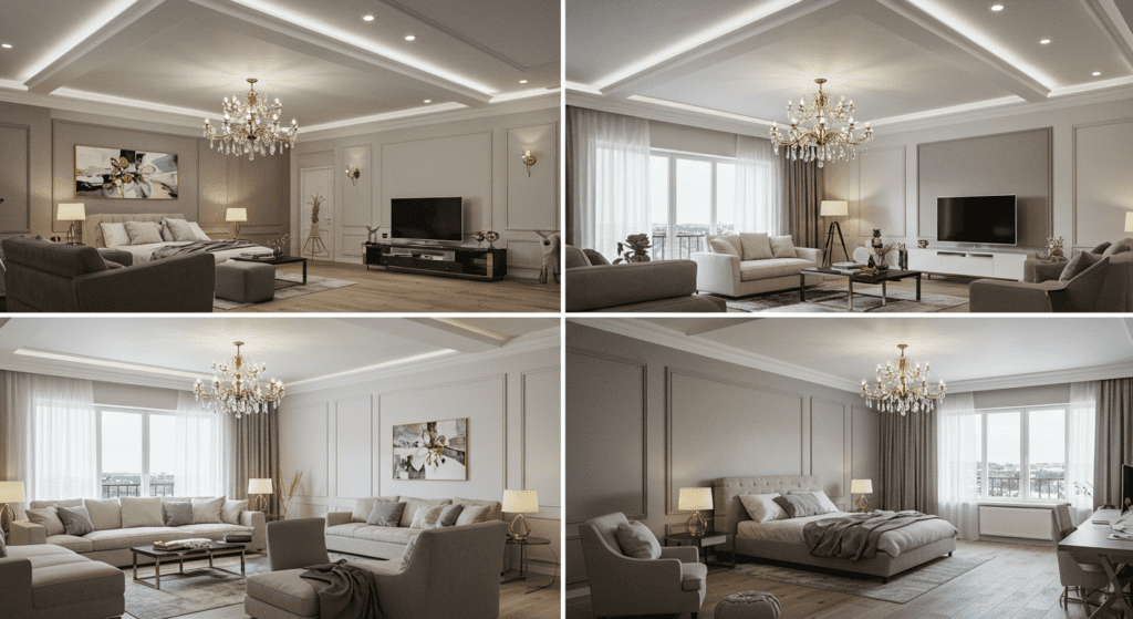 Интерьер столовой зоны с идеально выровненным двухуровневым потолком