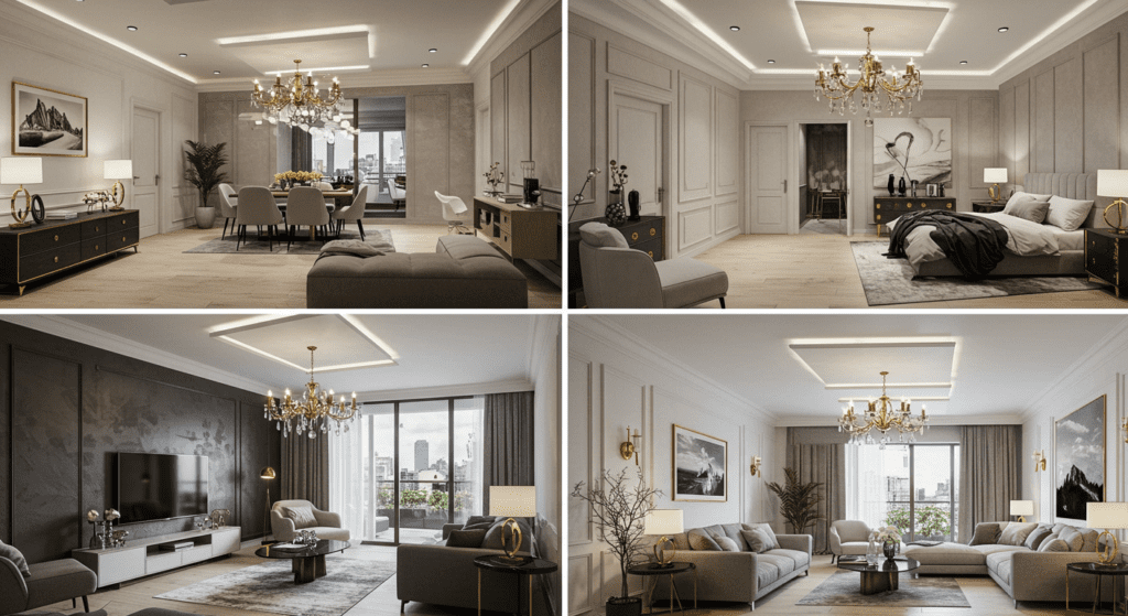 Премиальный двухуровневый потолок с равномерным размещением светильников и мебелью в стиле модерн