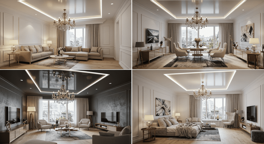 Элегантный двухуровневый потолок в светлой гостиной с симметричной подсветкой